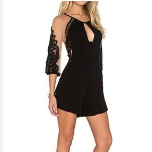 NWT FOR LOVE & LEMONS VALENTINA BLACK EMBROIDERED NUDE SHEER MESH ROMPER - S - Picture 2 of 13